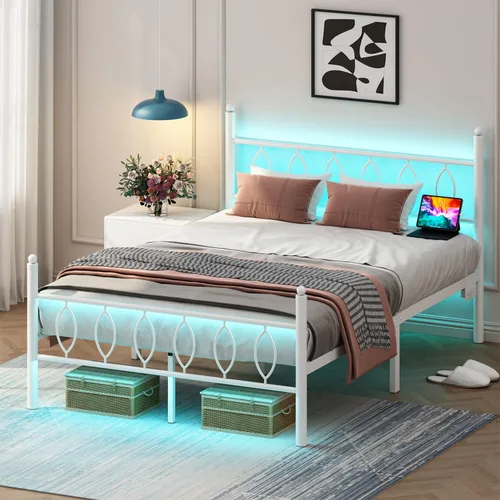 Miniatura 11 de Marco de Cama Tamaño Full con Cabecero, Marco de Cama Plataforma de Metal Negro Tamaño Full con Estación de Carga y Luces LED, Almacenamiento Bajo