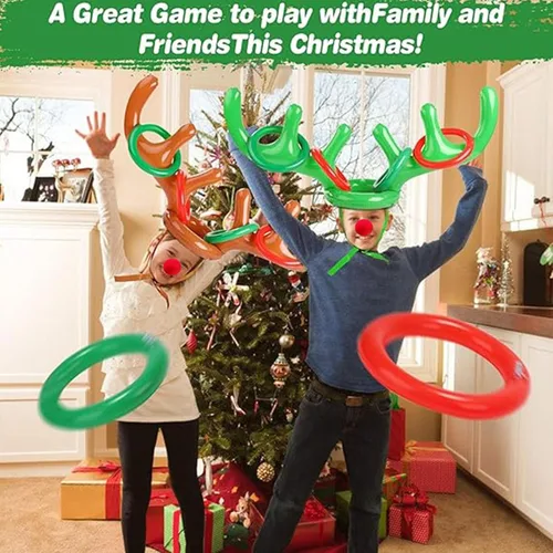 Miniatura 9 de Juego de 18 piezas de 3 anillos inflables de cornamenta de reno para lanzar juegos de fiesta de Navidad, juguetes familiares para niños, relleno