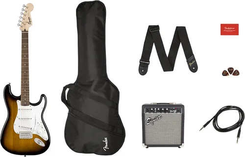 Paquete de guitarra Squier by Fender Stratocaster para principiantes, diapasón de laurel, color marrón Sunburst, con bolsa Gig Bag, amplificador,