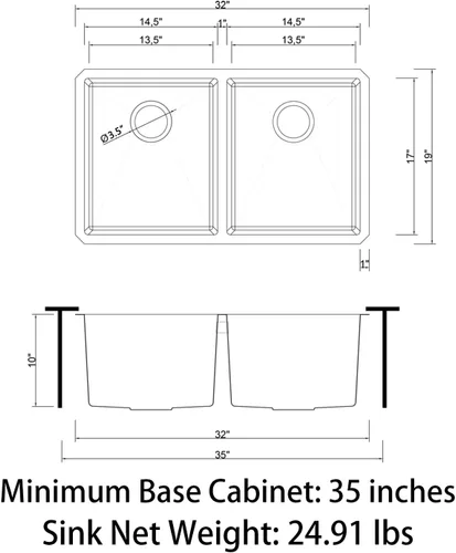 Miniatura 5 de Sinber HU3219D - Fregadero de cocina de 32 x 19 x 10 pulgadas con acabado satinado de acero inoxidable 304 calibre 18 (solo fregadero)