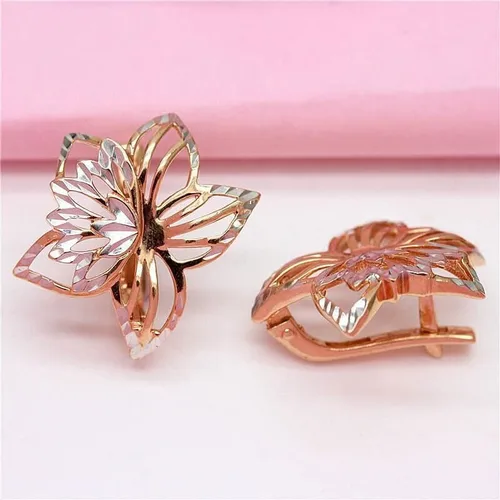 Miniatura 3 de SAGEKING 2024 New 585 Purple Gold 14K Rose Gold Hollow Out Exquisite Two-Color Flower Earrings For Women Romantic Light Luxury Engagement Jewelry