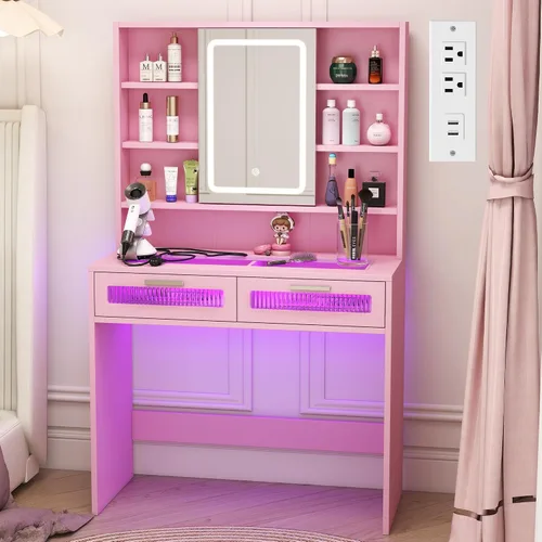 Miniatura 11 de Hadulcet Escritorio de tocador negro con espejo deslizante y luces LED, mesa de tocador de vidrio de 35.5 pulgadas con tomas de corriente, cajones
