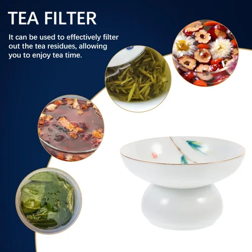 Miniatura 6 de DOITOOL Colador de filtro de té de cerámica de porcelana con soporte de soporte, juego de utensilios de ceremonia de té chino de Kongfu (estilo 2)