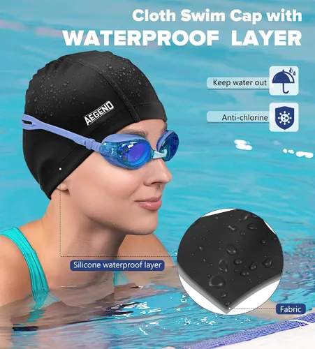 Miniatura 2 de Aegend Gorro de natación de tela, capa impermeable de silicona, gorra de natación de tela transpirable, mantiene el cabello seco con alta
