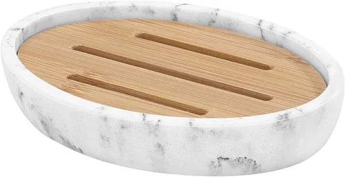Luxspire Jabonera de Bambú, Soporte de Jabón de Resina con Drenaje, Jabonera Ovalada de Madera para Ducha, Baño, Lavabo, Cocina y Encimera, Blanco