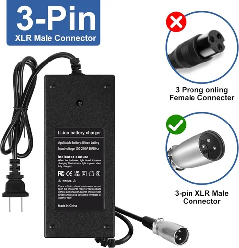 Miniatura 2 de Cargador XLR macho de 42V 2A de 3 pines para Razor MX500, MX650, GT GT750, Izip I600 I750 I1000 Mongoose M750, Currie, Schwinn S1000, S600, ST1000