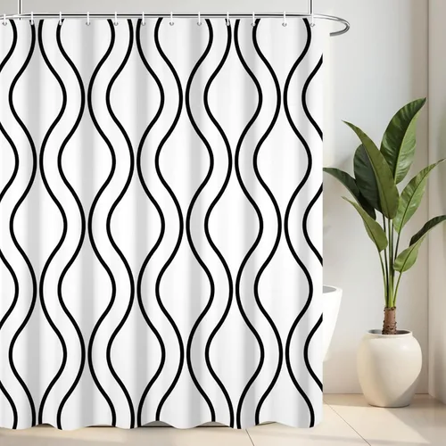 Miniatura 18 de Cortina de ducha en blanco y negro, divertido cabezal de ducha y gotas de agua, cortinas de ducha para baño, lavable a máquina, cortina de tela