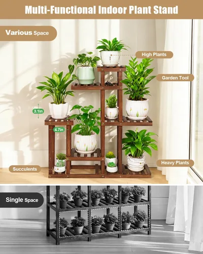 Miniatura 3 de Soporte para plantas de madera carbonizada, estantes de plantas de 6 niveles para interiores, estante de madera estrecho que ahorra espacio