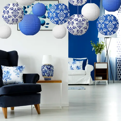 Miniatura 6 de Bencailor 12 faroles de papel chinoiserie de 12 pulgadas, 10 pulgadas, 8 pulgadas, estampado de porcelana azul y blanca, decoración para colgar