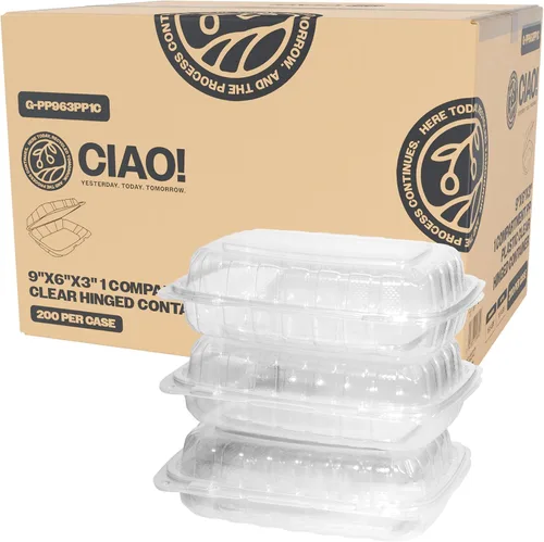 Miniatura 20 de CIAO! Contenedor blanco con bisagras MFPP de 9"x9"x3" con tapa 1 compartimento (caja de 150)