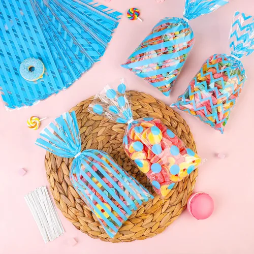 Miniatura 4 de Aodaer 100 bolsas de celofán azul de 10.6 x 5.1 pulgadas, bolsas de plástico de celofán, bolsa de regalo con patrón de rayas de lunares, bolsa