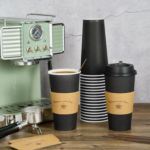 Miniatura 5 de LITOPAK Paquete de 50 tazas de café de papel de 20 onzas para bebidas de chocolate caliente, tazas de café desechables negras con tapas, fundas y 20