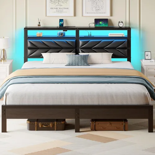 Miniatura 14 de Seventable Base de cama tamaño Queen con estación de carga, cama LED con cabecera de almacenamiento tapizada, cama de plataforma de metal con Gris