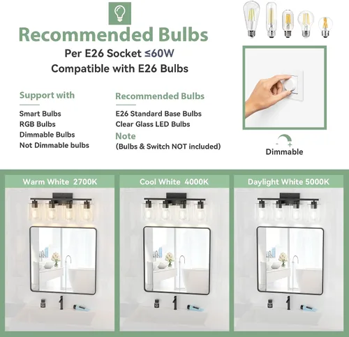 Miniatura 5 de Honesorn Lámparas de baño de 4 luces, luz de tocador de baño, color negro mate, accesorios de iluminación modernos con pantalla de vidrio
