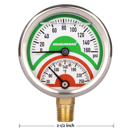 Miniatura 6 de MEASUREMAN Tridicator, Termomanómetro, 2-1/2 Pulgadas, Llenado de Aceite de Silicona, 0-160 psi/30-250 °F, Caja de Acero Inoxidable, Manómetro