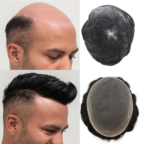 Miniatura 46 de PUNRU HAIR Completo Swiss Lace Toupee para hombres Sistema de cabello humano real Sistema de reemplazo de cabello humano para hombre Toupee