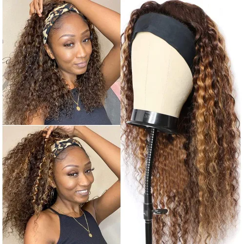 Rebasar - Peluca de onda profunda con reflejos color marrón, 10 pulgadas, con diadema y reflejos, cabello humano, rizado, para mujeres negras,