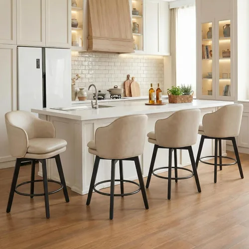 Miniatura 26 de Taburetes de Bar de Altura de Mostrador de 26 pulgadas Tapizados Giratorios con Respaldo y Patas de Madera para Isla de Cocina, Juego de 2, Tela