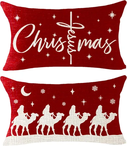 Miniatura 15 de ITFRO Juego de 2 fundas de almohada de algodón y lino, decoración de Navidad, decoración de pinos, árboles de pino, plantas del bosque, funda