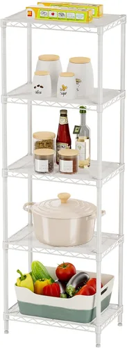 SINGAYE Estante de almacenamiento con 5 estantes de alambre para armario, baño, despensa de metal, cocina, pequeña estantería de garaje, Blanco