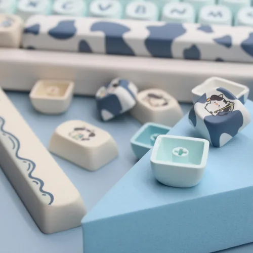 Miniatura 2 de MOA - Teclas de perfil con diseño de vaca PBT, 142 teclas para teclado mecánico, juego de teclas de tamaño completo (vaca azul)