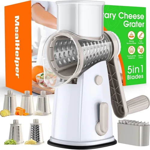 Miniatura 11 de MealHelper Rallador de queso rotativo de 5 cuchillas con manivela manual y caja de almacenamiento, picador de verduras, triturador de queso para Gris