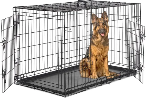 Jaula para perros – Jaula portátil extra grande de 48 pulgadas de doble puerta, jaula de alambre de metal para mascotas con bloqueo seguro, bandeja