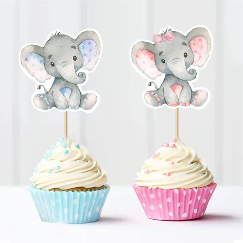 Miniatura 2 de 24 piezas de decoración para cupcakes de elefante rosa y azul, para decoración de fiesta de cumpleaños, baby shower, niños, niños o niñas