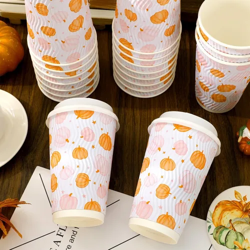 Miniatura 3 de JarThenaAMCS 100 tazas de café desechables de otoño con tapas, taza de papel de calabaza rosa naranja de 16 onzas, taza de papel de calabaza