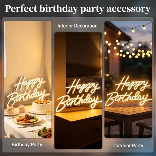 Miniatura 6 de Toddmomy Letrero de cumpleaños de neón de 17.51 x 10.23 pulgadas, alimentado por USB, letras LED iluminadas con luz blanca cálida para decoración
