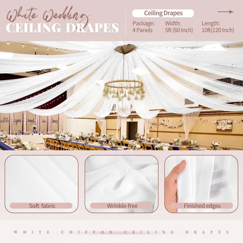 Miniatura 4 de 4 paneles de cortinas blancas para techo de boda, cortinas de techo de 5 x 10 pies, cortinas de tela transparente para arco de boda, cortinas
