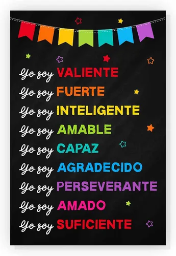Jinniee Yo Soy Valiente Fuerte Amado - Póster inclusivo en español, afirmaciones positivas para niños, autoestima, escuela en casa, decoración de