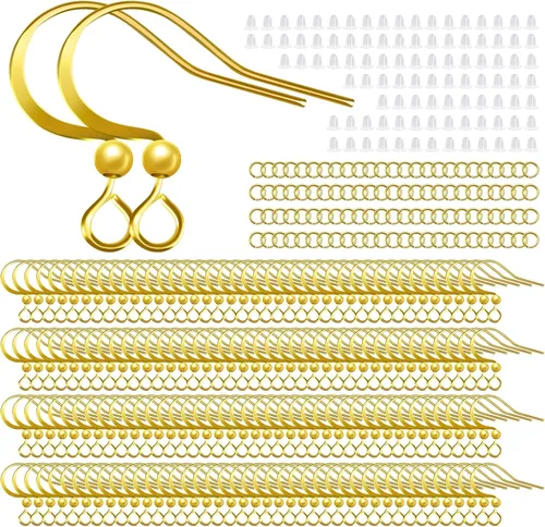 Miniatura 14 de 160 unidades/80 pares de ganchos para aretes chapados en oro de 14 quilates, hipoalergénicos, ganchos de pez con 100 piezas de silicona transparente