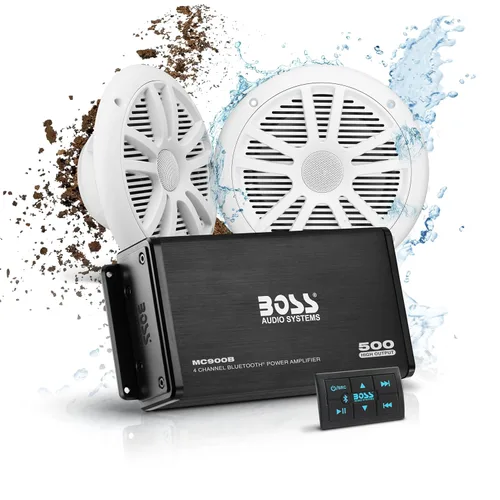 BOSS Audio Systems ASK902B.6 Paquete de altavoces marinos para barco de 6.5 pulgadas y amplificador de 4 canales - 500 de alta potencia, control