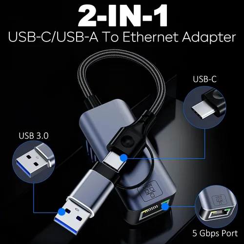 Miniatura 2 de Adaptador USB C a Ethernet de 5 Gbps, USB-A y USB-C a RJ45 LAN 5000 Mbps convertidor de red con cable, adaptador USB a Ethernet compatible