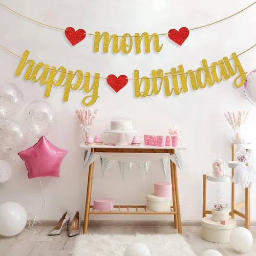 Miniatura 6 de Cartel de feliz cumpleaños con texto en inglés "Mom Happy Birthday", decoraciones para fiesta de cumpleaños de las mujeres, suministros de fiesta