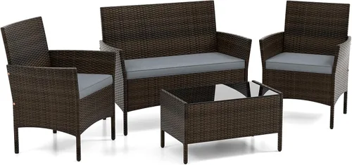 Miniatura 8 de DORTALA Juego de muebles de mimbre para patio, 4 piezas, mesa y sillas de ratán de polietileno para exteriores con mesa de centro de vidrio Naranja