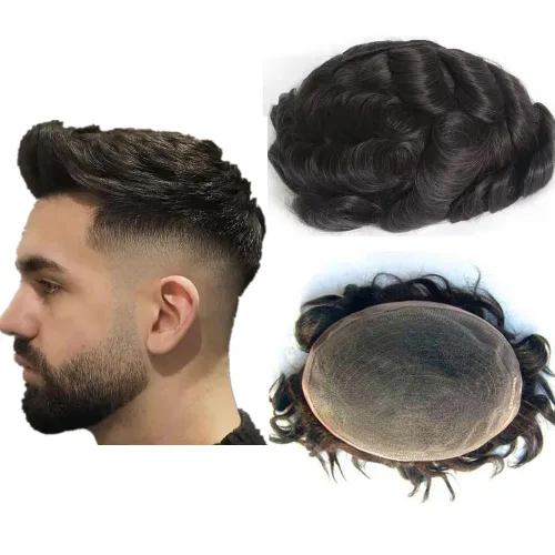 Miniatura 11 de N.L.W. Toupee de cabello humano para hombres, prótesis europea de piezas de cabello sistema de reemplazo para hombres con 10x8 HD súper fino encaje