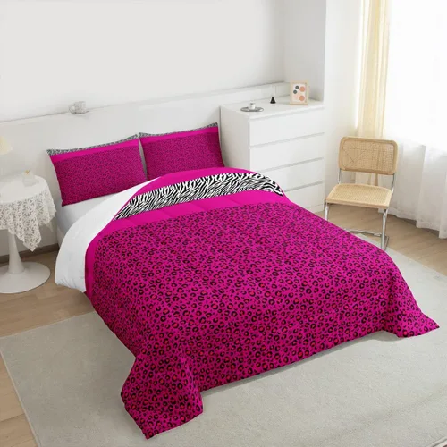 Miniatura 5 de Juego de edredón Manfei Leopardo Rosa Tamaño Individual, Juego de ropa de cama con estampado de cebra negro y blanco 2 piezas para decoración