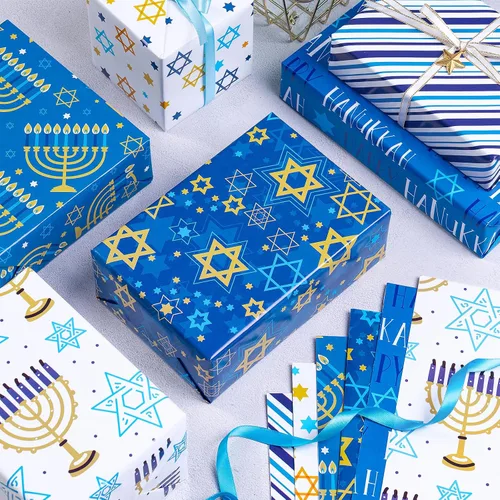 Miniatura 4 de RUSPEPA Hojas de papel de regalo de Hanukkah, estrella de David, menorá, feliz Hanukkah y diseño de rayas, papel de regalo azul y dorado