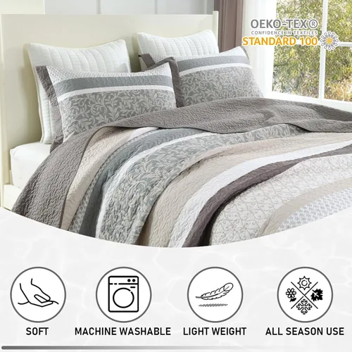 Miniatura 8 de KALOOLA Colchas de granja tamaño Queen – Juego de ropa de cama acolchado ligero 100% algodón, 3 piezas, colcha botánica a rayas estampada con 2