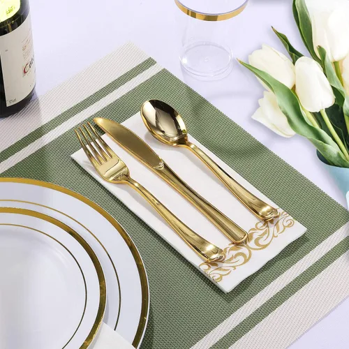Miniatura 3 de FOCUSLINE Juego de vajilla dorada de 175 piezas para 25 invitados - Platos desechables de plástico blanco con borde dorado resistente, incluye 25