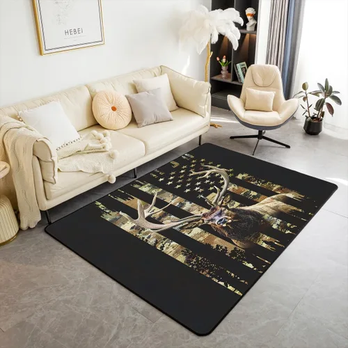 Alfombra decorativa con bandera americana, para sala de estar, para niños, niñas, ciervos, caza, cuernos, animales salvajes, interiores, 3 x 5 pies
