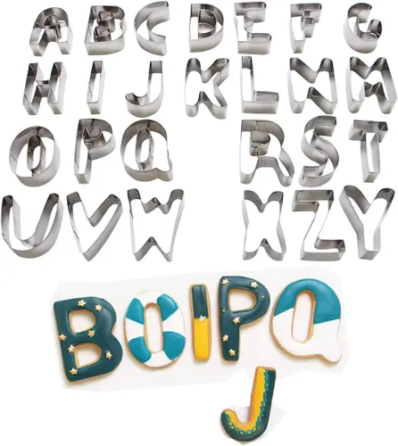Miniatura 9 de Juego de 26 piezas de cortador de galletas del alfabeto grande (A - Z), herramientas de decoración de acero inoxidable, cortador de fondant de letras