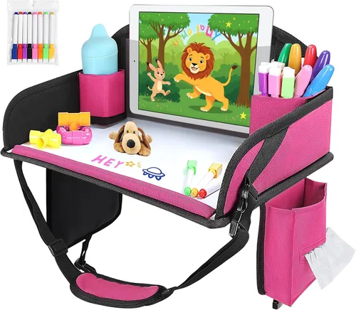 Miniatura 16 de 2 piezas Bandeja de viaje para niños, bandeja para asiento de coche para niños Viaje, Esenciales de viaje en carretera para niños con kit de dibujo