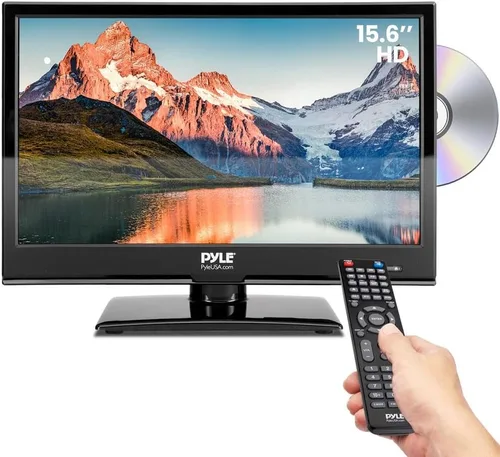 Pyle Televisión LED RV de 15.6 pulgadas 1080p - Monitor de pantalla plana delgado FHD pequeño TV con HDMI, RCA, combo de disco multimedia/DVD,