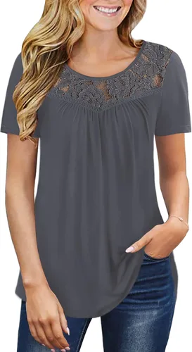 Ahlaray - Blusa de talla grande para mujer, camisetas de manga corta para el verano, camiseta tipo túnica plisada y con encaje, de la talla M a la