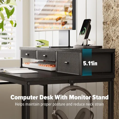 Miniatura 4 de SINPAID Escritorio para computadora de 47 pulgadas con estante para impresora, escritorio de juegos con soporte para monitor y cajones, escritorio