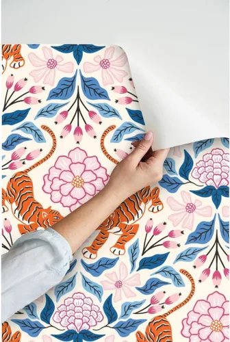 Miniatura 3 de Papel tapiz autoadhesivo para despegar y pegar, Maximalist Tropical Jungle Damasco, exótico, botánico, floral, tigre, rosa, azul, papel tapiz
