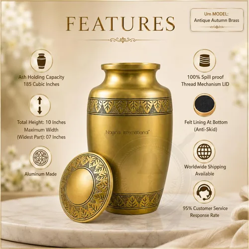 Miniatura 3 de Urnas de cremación de metal de aluminio para cenizas y restos mortales Hermosas urnas hechas a mano para humanos y mascotas (latón otoñal antiguo)